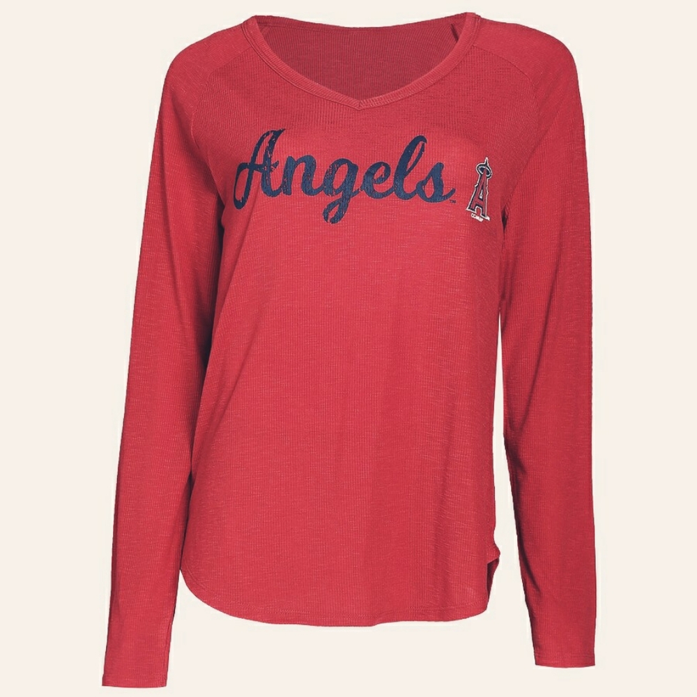 New ANGELS Baseball V-neck Ribbed Knit T-Shirt size M